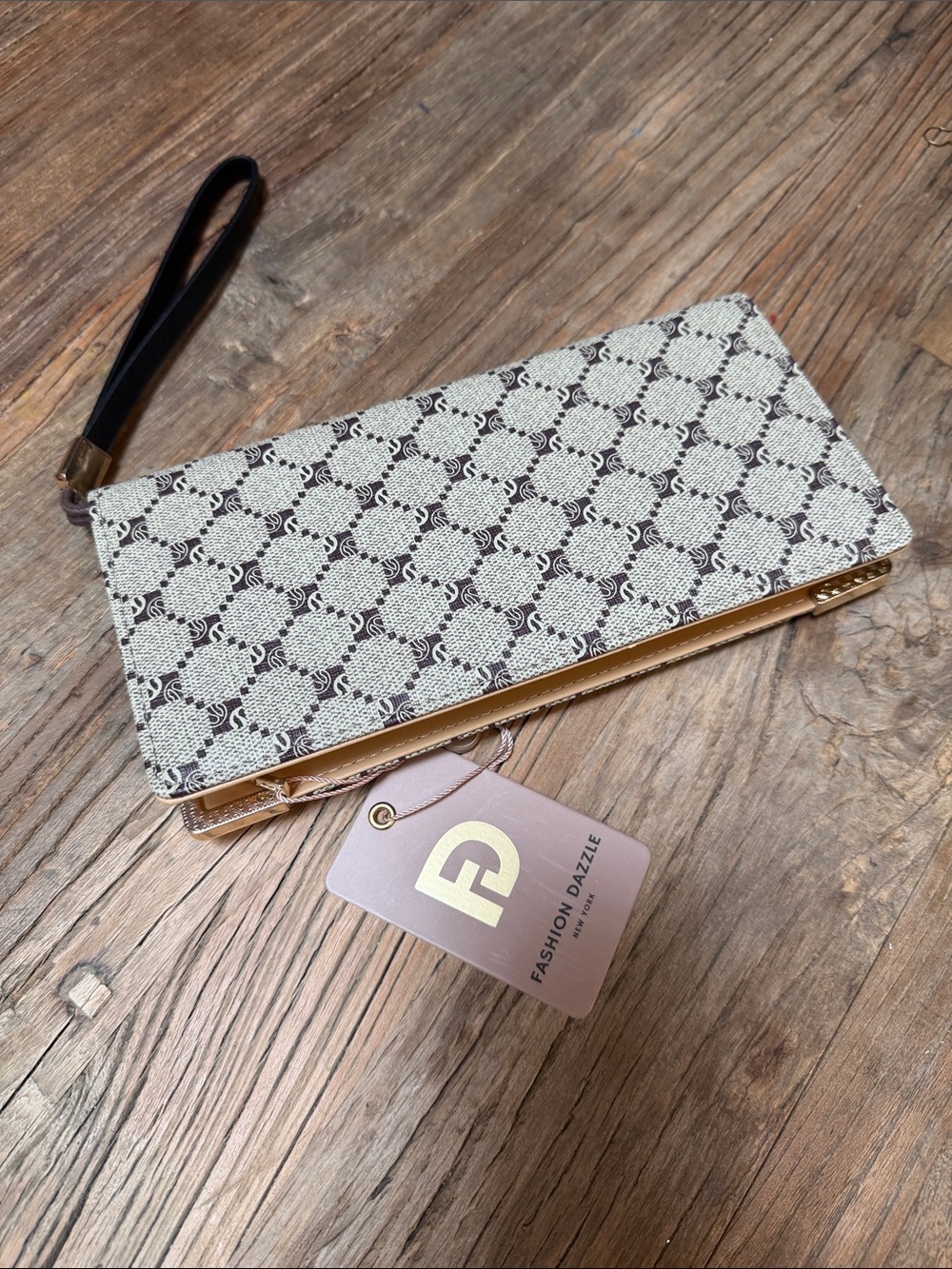 Patterned Beige Wristlet Clutch with Black Strap